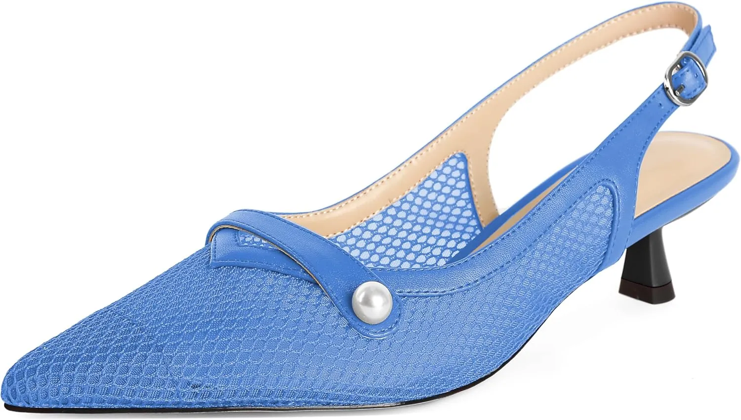 SAMMITOP Womens Slingback Kitten Heels Closed Pointed Toe Low Heel Mesh Pumps Pearl Strap Dress Shoes 1.5 Inches
