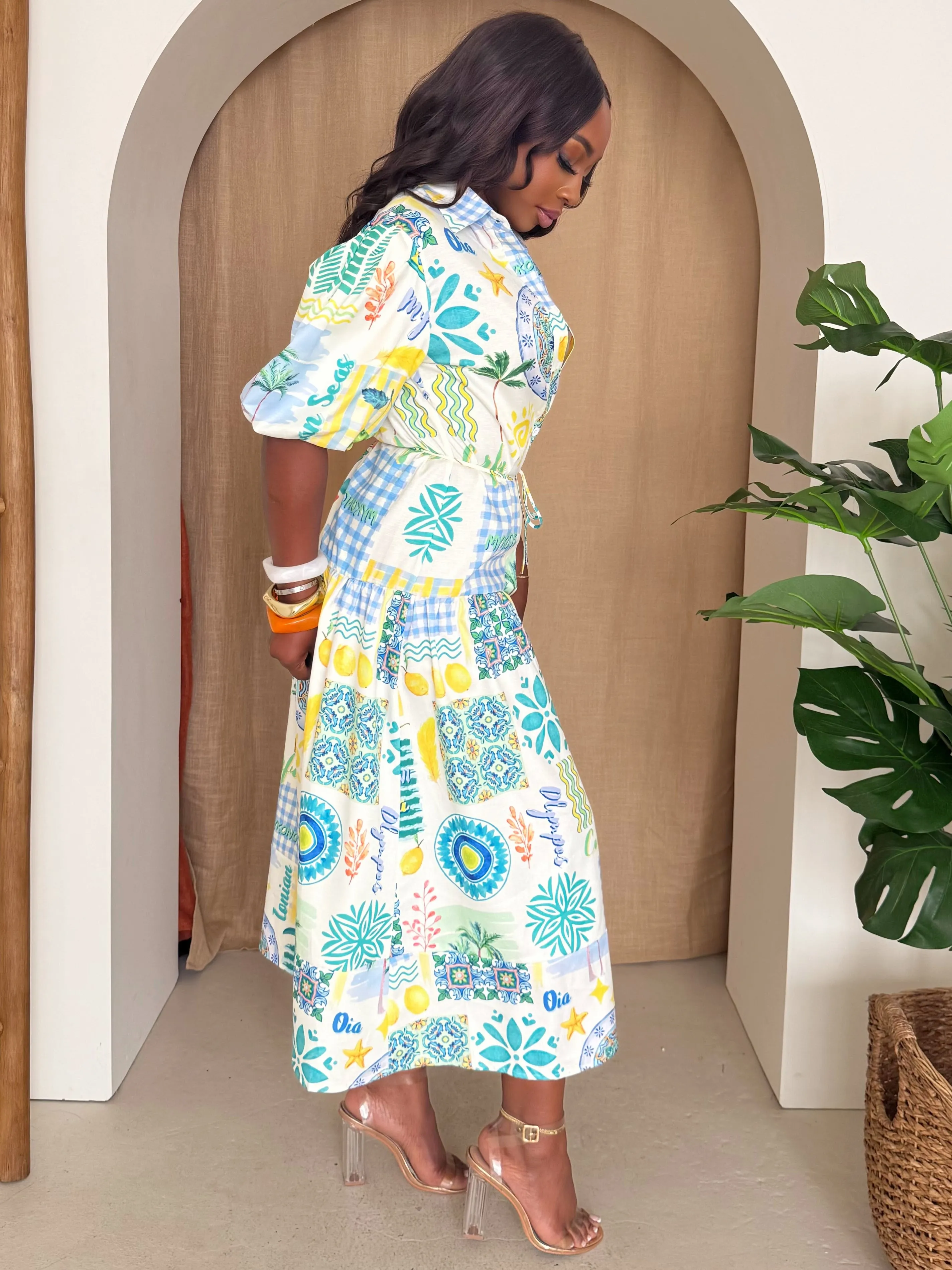 Santorini Print Shirt Dress – Resort Vacation Outfit