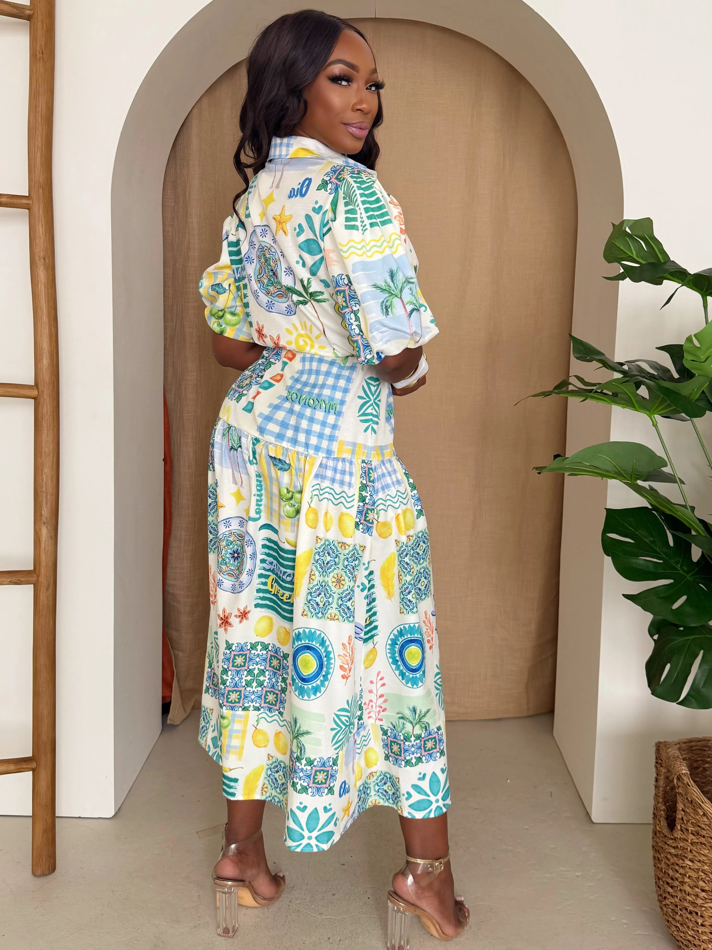 Santorini Print Shirt Dress – Resort Vacation Outfit