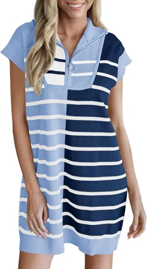Saodimallsu Womens Striped Summer Dress Half Zip Cap Sleeve Color Block Going Out Knit Trendy Tunic Mini Dresses