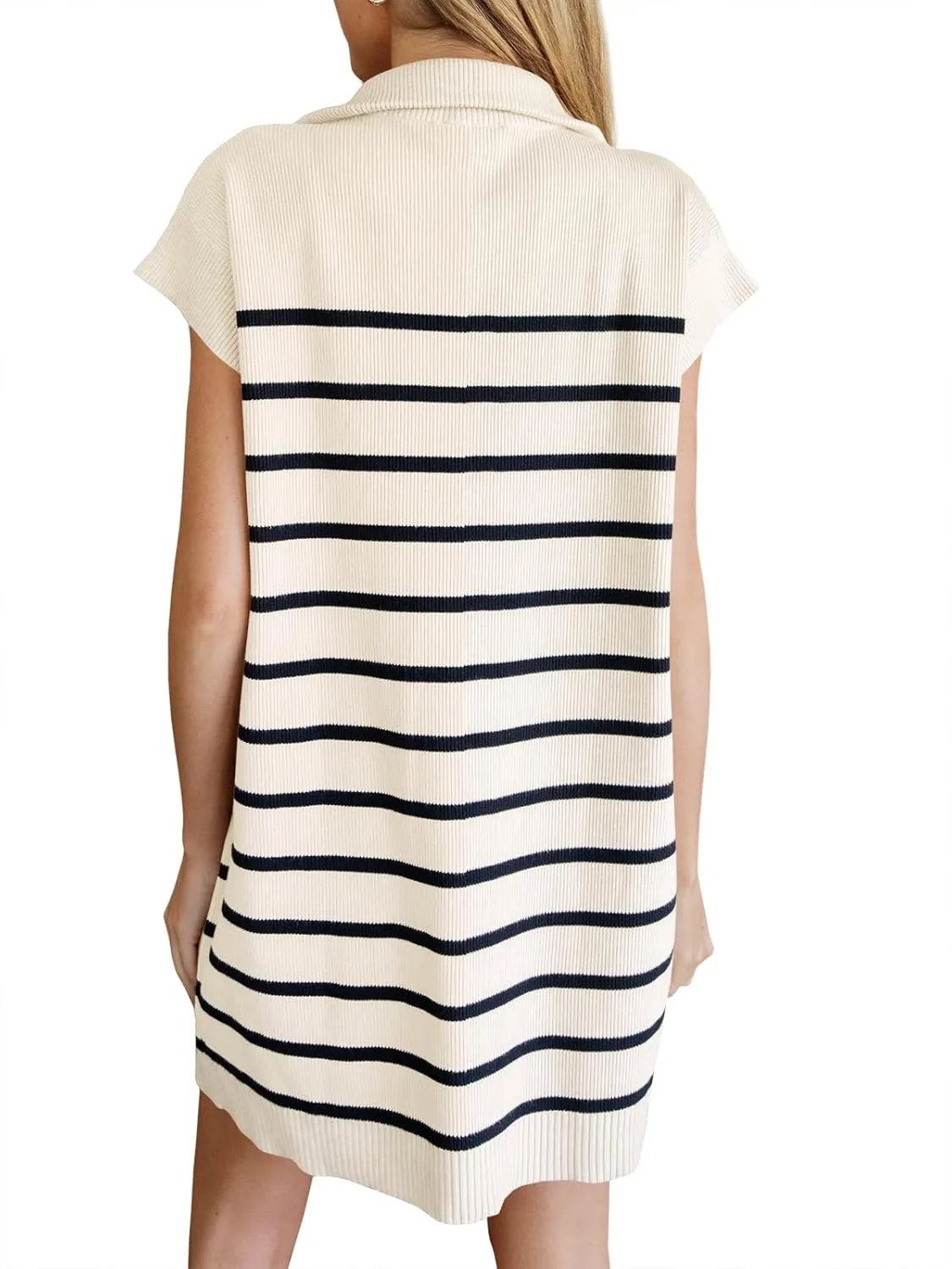Saodimallsu Womens Striped Summer Dress Half Zip Cap Sleeve Color Block Going Out Knit Trendy Tunic Mini Dresses