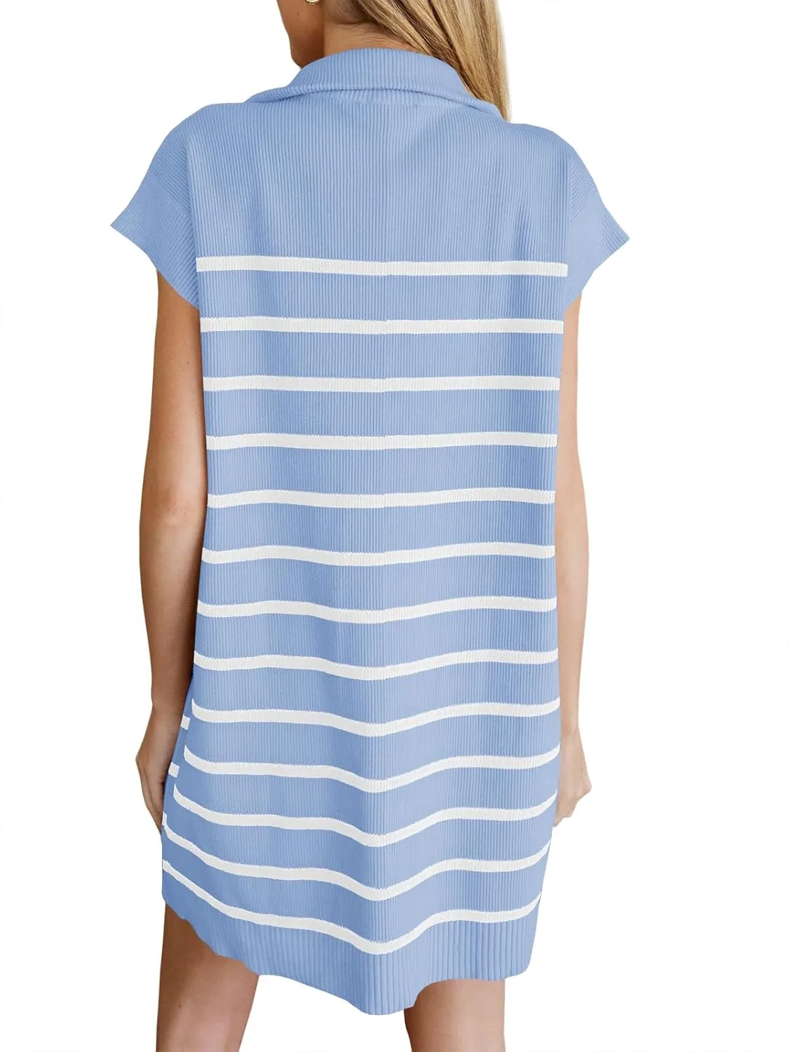 Saodimallsu Womens Striped Summer Dress Half Zip Cap Sleeve Color Block Going Out Knit Trendy Tunic Mini Dresses