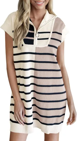 Saodimallsu Womens Striped Summer Dress Half Zip Cap Sleeve Color Block Going Out Knit Trendy Tunic Mini Dresses