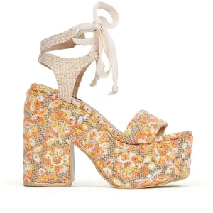 Sábates Alondra embroidered platform sandal for Women with lace-up front closure. Colors: Pink, Orange, Green and Yellow (6, Orange)