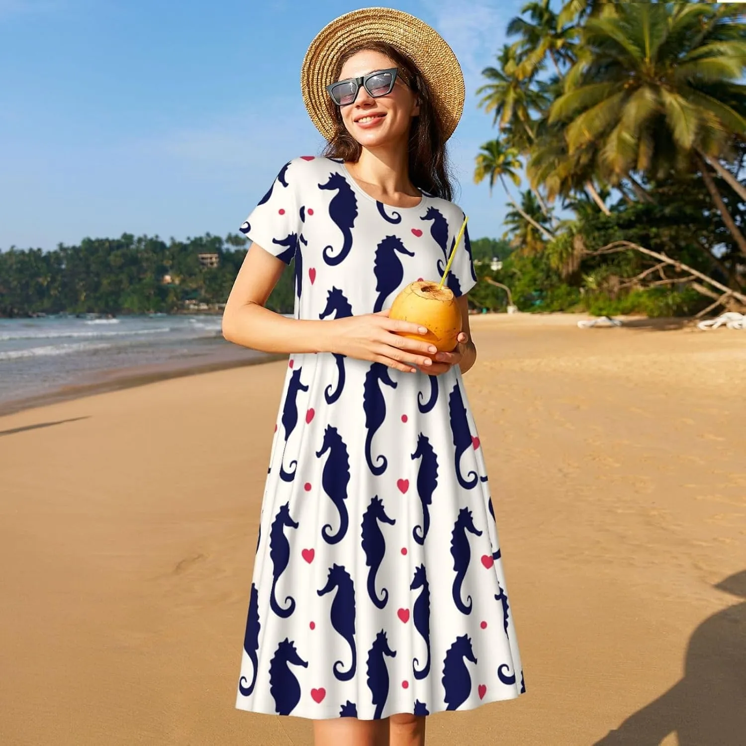Seahorses and Hearts for Women's Casual Short Sleeve Dress with Pockets Dress for Summer,Travel,Lounging-