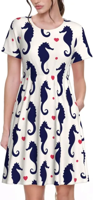 Seahorses and Hearts for Women's Casual Short Sleeve Dress with Pockets Dress for Summer,Travel,Lounging-