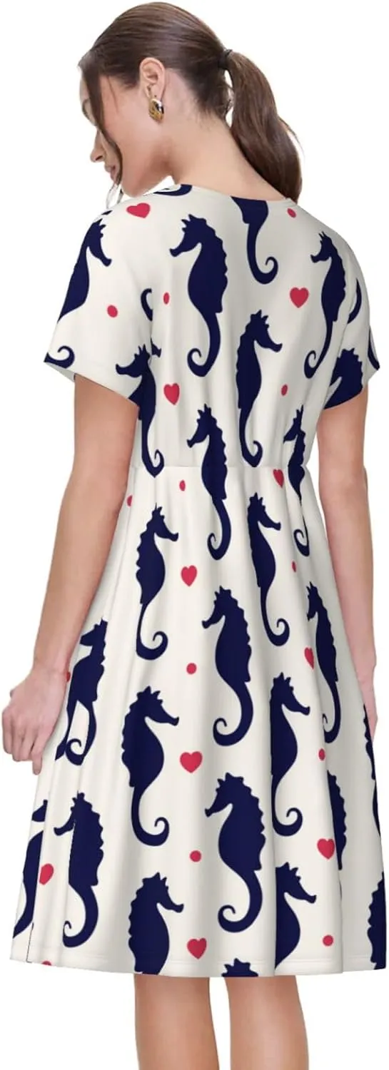 Seahorses and Hearts for Women's Casual Short Sleeve Dress with Pockets Dress for Summer,Travel,Lounging-
