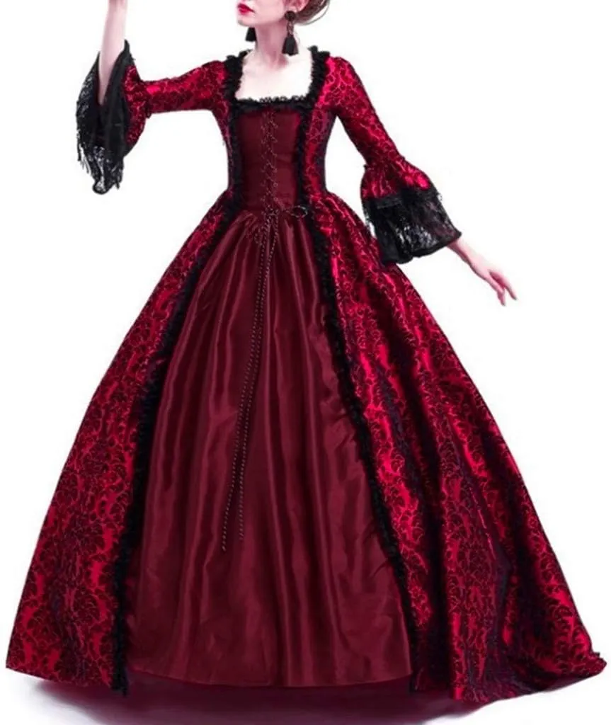 SEAOPEN Victorian Dress for Women Halloween Medieval Renaissance Dress Flare Sleeve Vintage Dress Cocktail Party Ball Gown