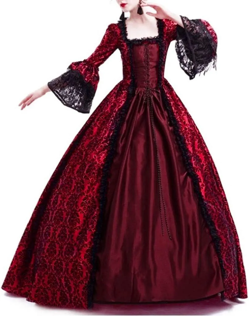SEAOPEN Victorian Dress for Women Halloween Medieval Renaissance Dress Flare Sleeve Vintage Dress Cocktail Party Ball Gown