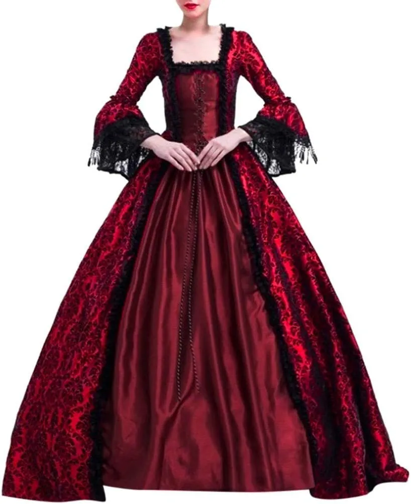 SEAOPEN Victorian Dress for Women Halloween Medieval Renaissance Dress Flare Sleeve Vintage Dress Cocktail Party Ball Gown