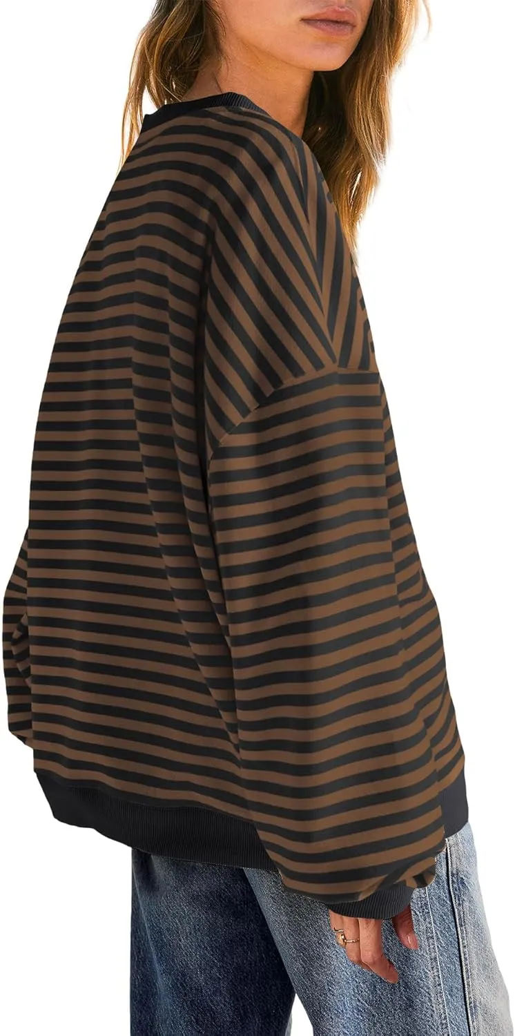 SENSERISE Womens Oversized Classic Striped Crewneck Sweatshirts Long Sleeve Color Block Shirts Casual Tops