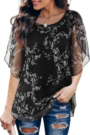 SeSe Code Womens Ruffle 3/4 Sleeve Mesh Blouses Loose Flowy Tops Stretchy Shirts