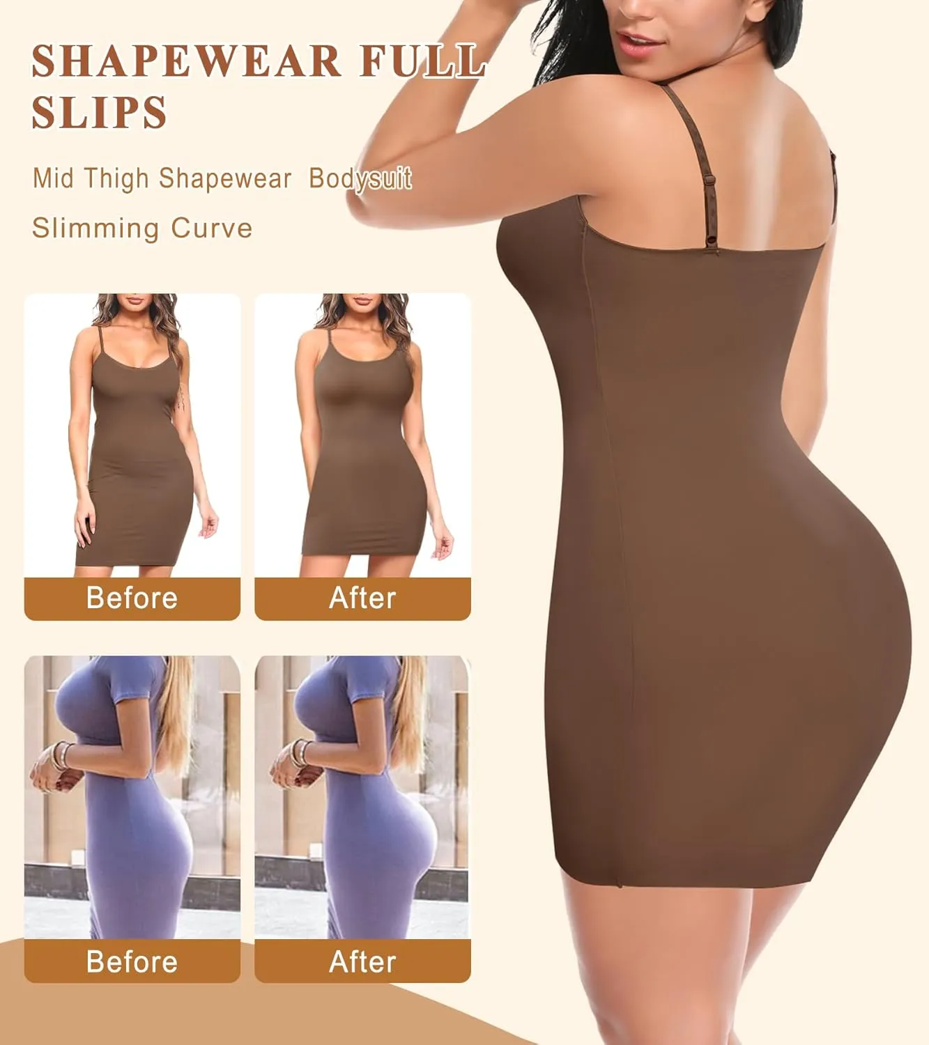 Shapewear Dress Slip, Seamless Full Slip Tummy Control Under Dress Slimming Body Shaper with Adjustable Straps