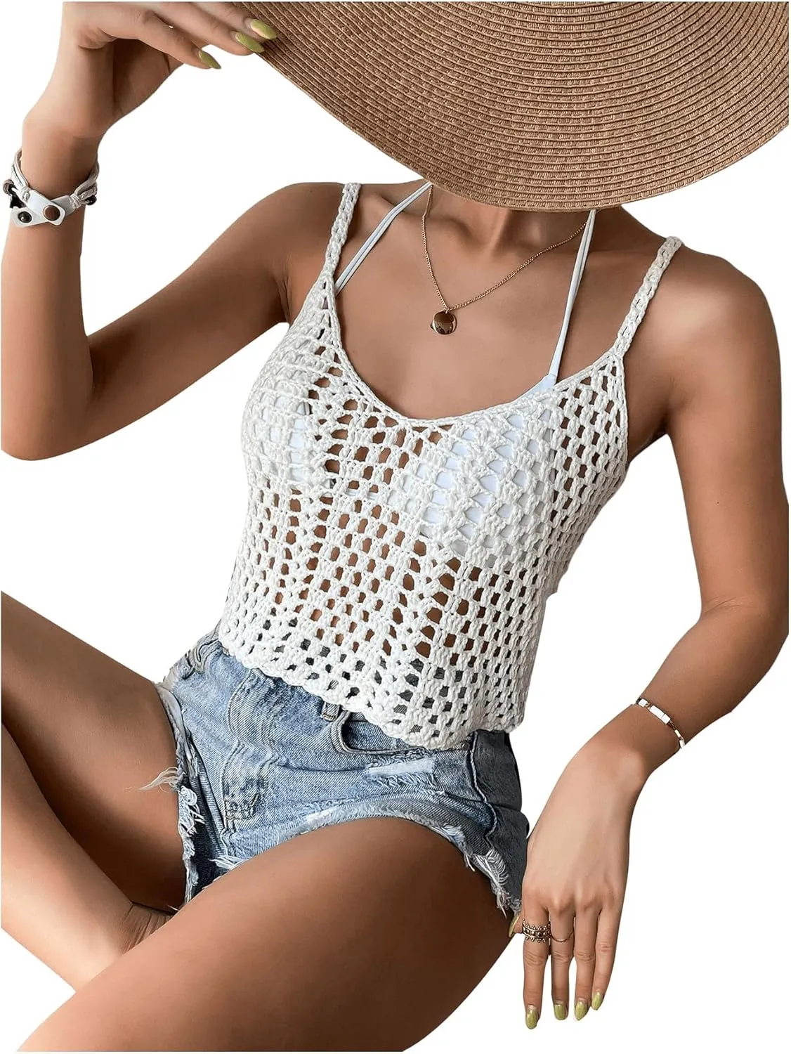SHENHE Women's Hollow Out Crochet Scoop Neck Sleeveless Cami Top Bikini Cover Ups
