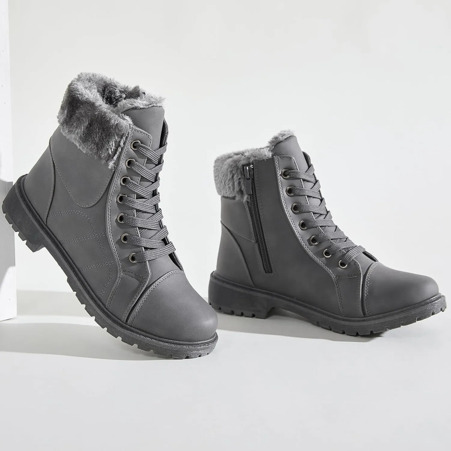 Shupua Winter Ankle Boots for Women Hiking Boots Waterproof Combat Boots Warm Lace Up Boots Snow Bootie Low Heel