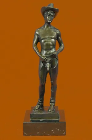 Signed Original Jean Patou Nude Cowboy Bronze Marble Sculpture Statue Vintage