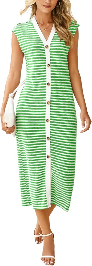 Simplee Women Button Striped Summer Dress Knit Casual Cap Sleeve V-Neck Midi Comfy Travel Dresses 2025 Trendy
