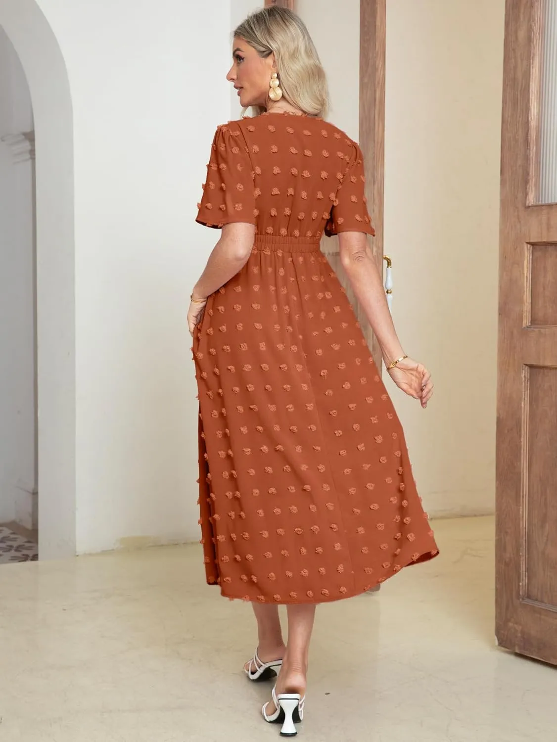 Simplee Womens Boho Maxi Dress Summer Wedding Guest Short Sleeve V Neck Swiss Dot Flowy Dresses