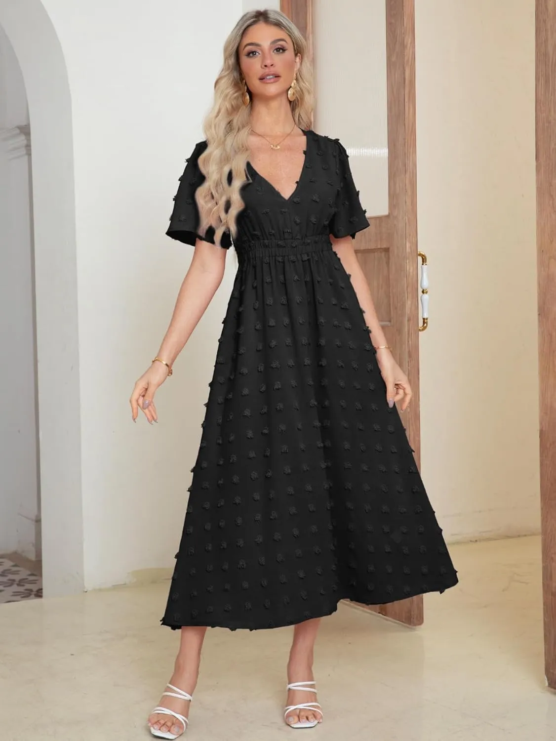 Simplee Womens Boho Maxi Dress Summer Wedding Guest Short Sleeve V Neck Swiss Dot Flowy Dresses