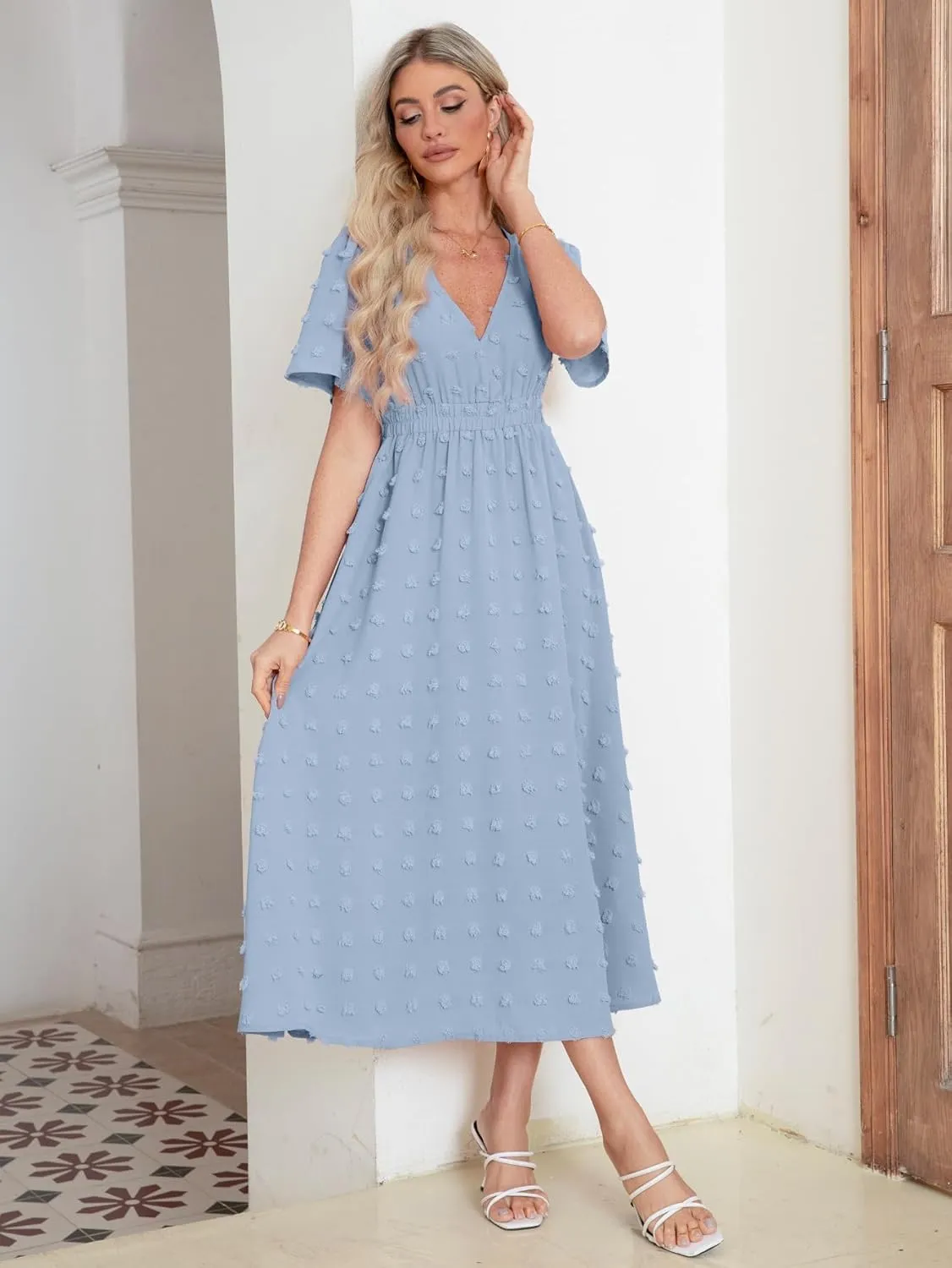 Simplee Womens Boho Maxi Dress Summer Wedding Guest Short Sleeve V Neck Swiss Dot Flowy Dresses