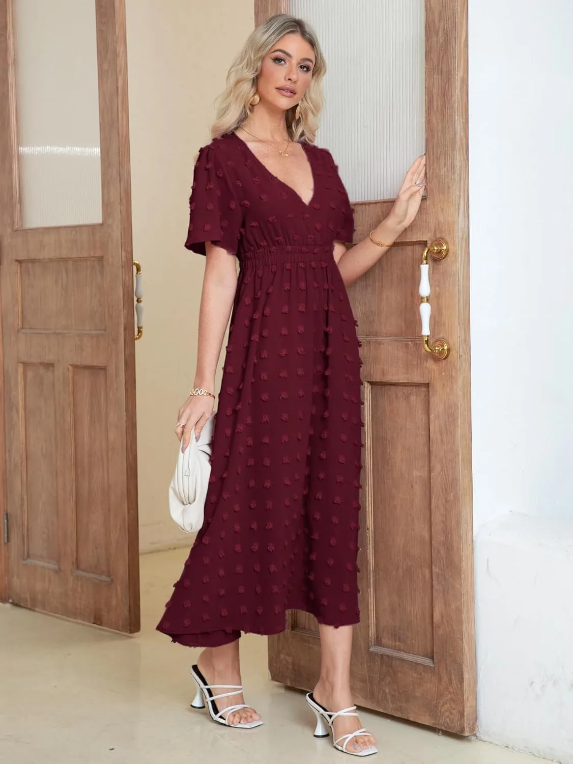 Simplee Womens Boho Maxi Dress Summer Wedding Guest Short Sleeve V Neck Swiss Dot Flowy Dresses