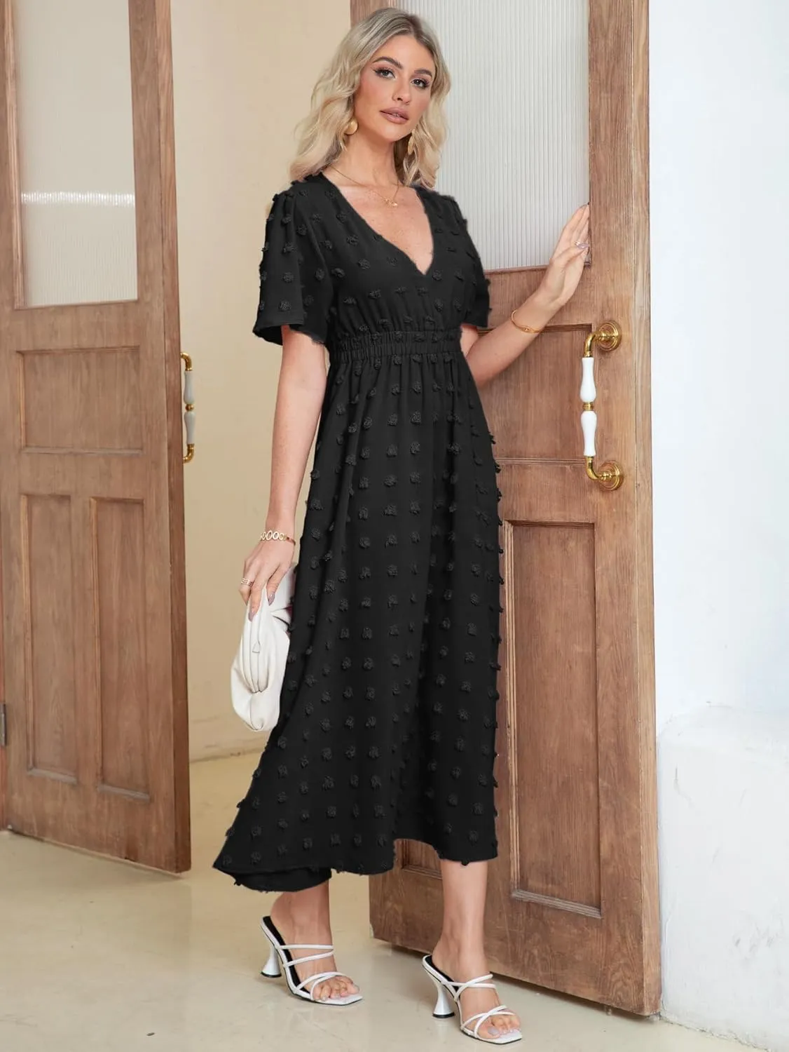Simplee Womens Boho Maxi Dress Summer Wedding Guest Short Sleeve V Neck Swiss Dot Flowy Dresses