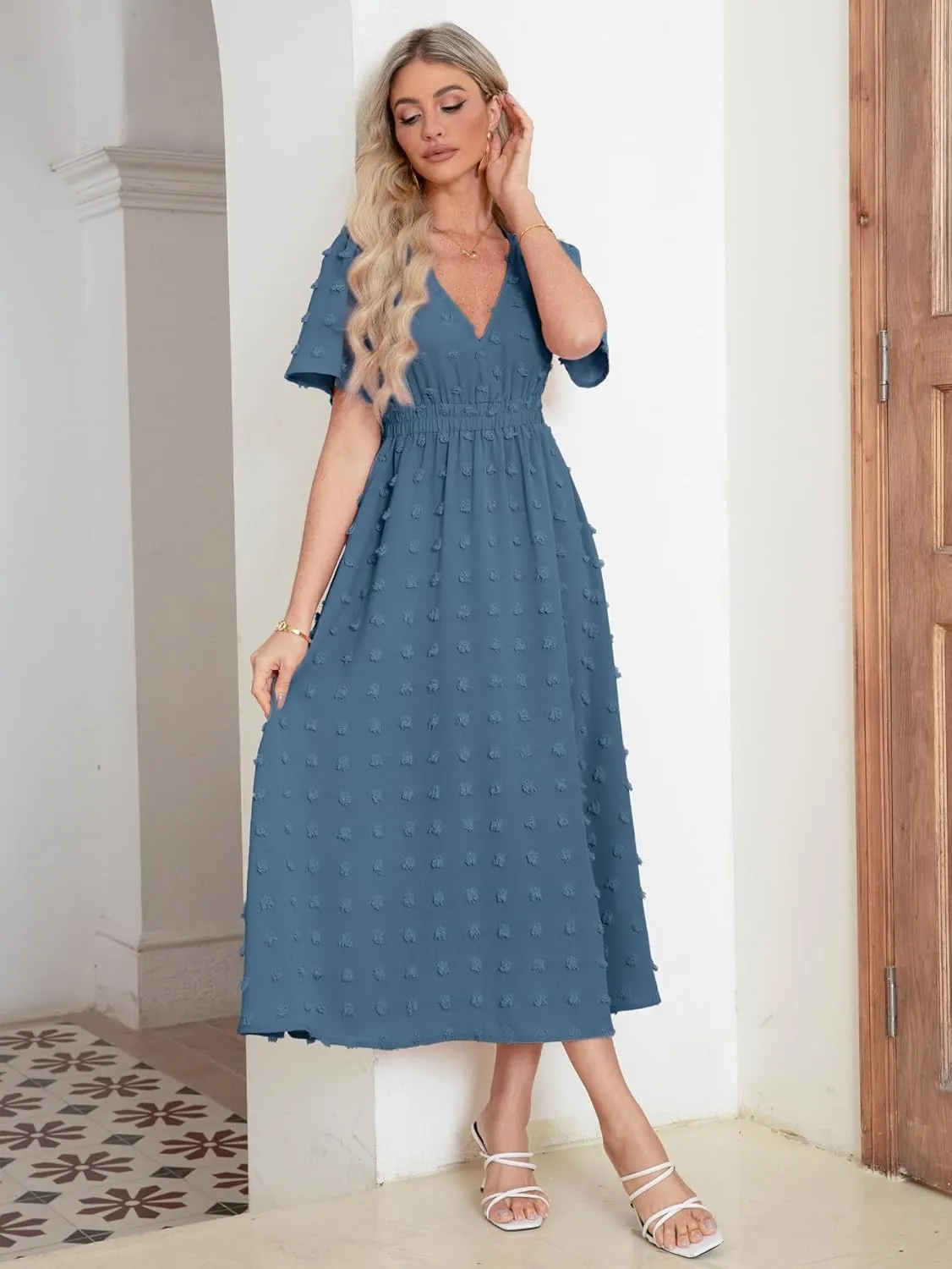 Simplee Womens Boho Maxi Dress Summer Wedding Guest Short Sleeve V Neck Swiss Dot Flowy Dresses