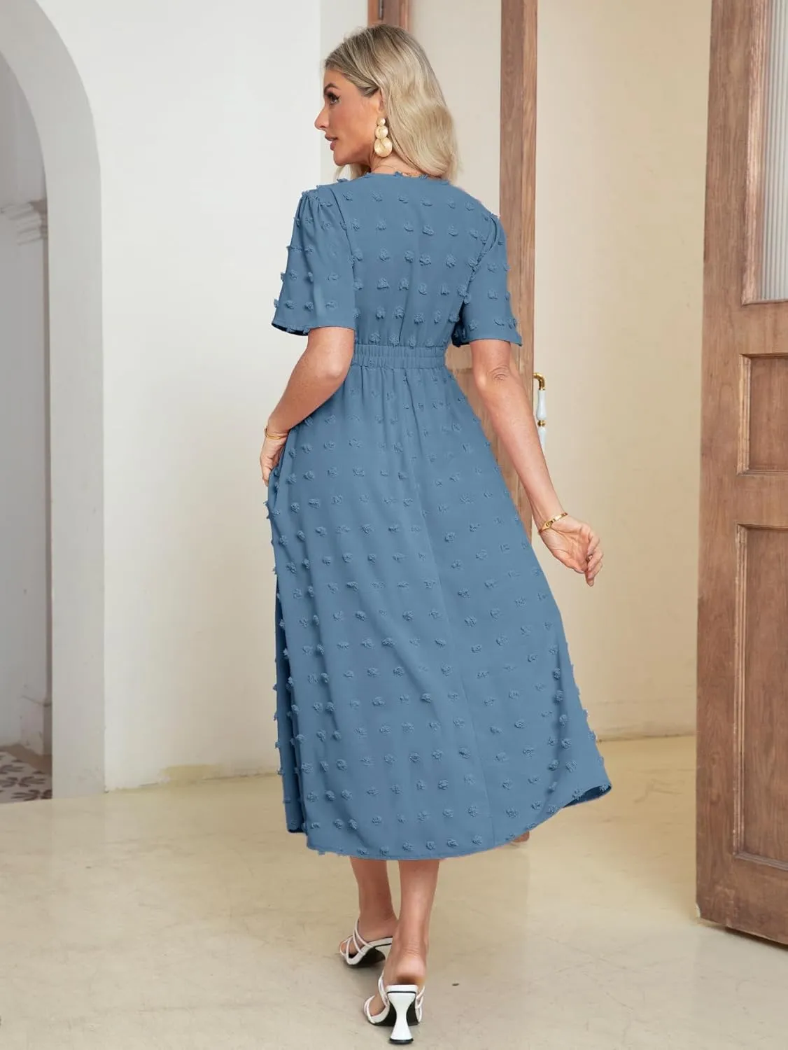 Simplee Womens Boho Maxi Dress Summer Wedding Guest Short Sleeve V Neck Swiss Dot Flowy Dresses