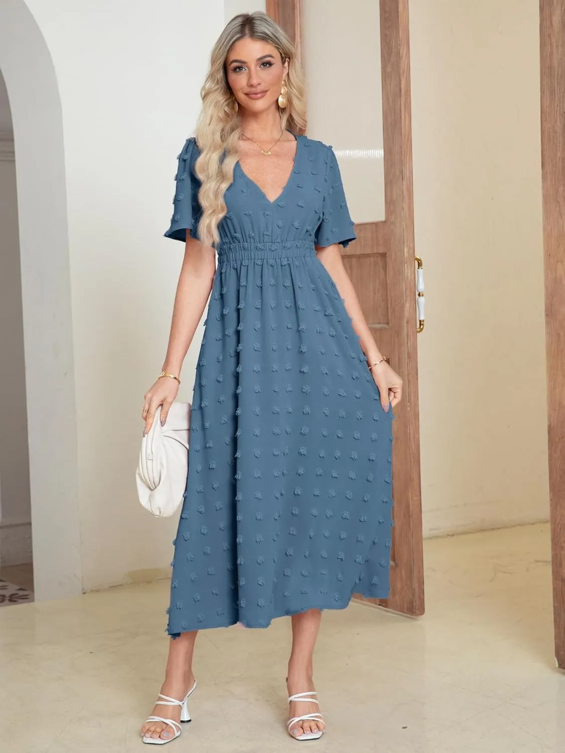 Simplee Womens Boho Maxi Dress Summer Wedding Guest Short Sleeve V Neck Swiss Dot Flowy Dresses