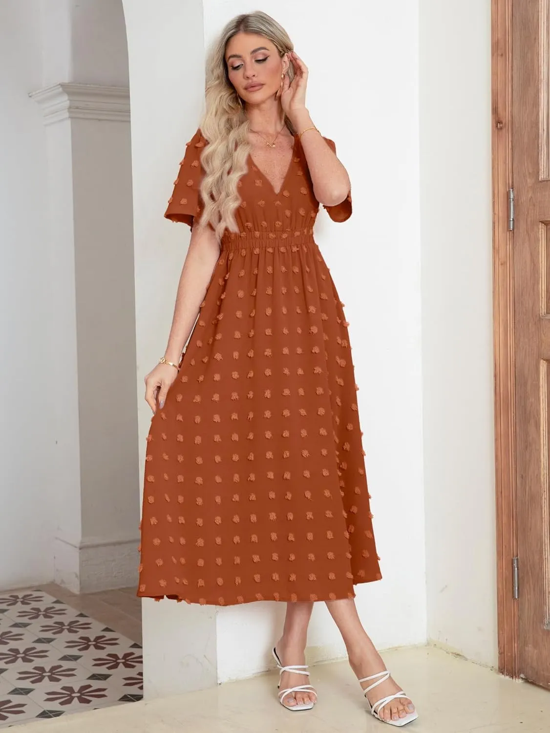 Simplee Womens Boho Maxi Dress Summer Wedding Guest Short Sleeve V Neck Swiss Dot Flowy Dresses