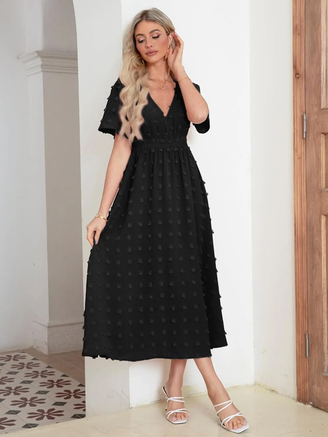 Simplee Womens Boho Maxi Dress Summer Wedding Guest Short Sleeve V Neck Swiss Dot Flowy Dresses