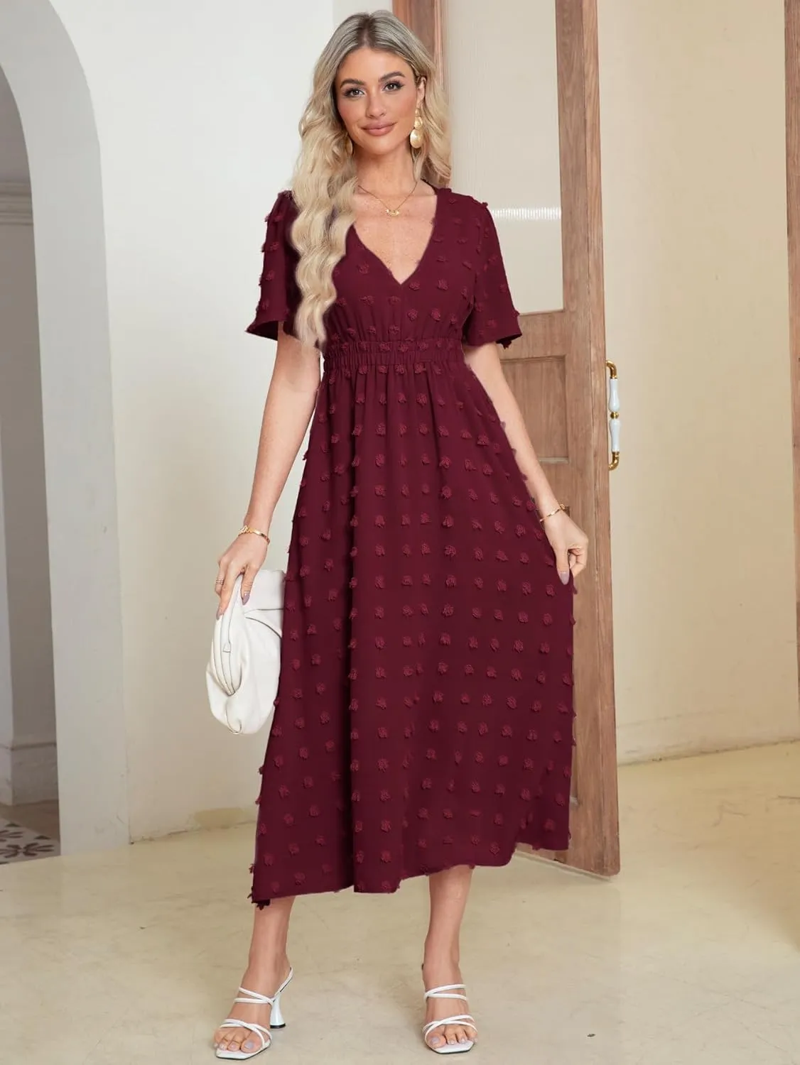 Simplee Womens Boho Maxi Dress Summer Wedding Guest Short Sleeve V Neck Swiss Dot Flowy Dresses