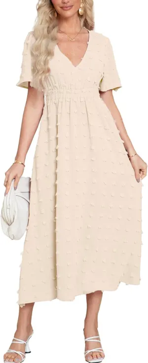 Simplee Womens Boho Maxi Dress Summer Wedding Guest Short Sleeve V Neck Swiss Dot Flowy Dresses