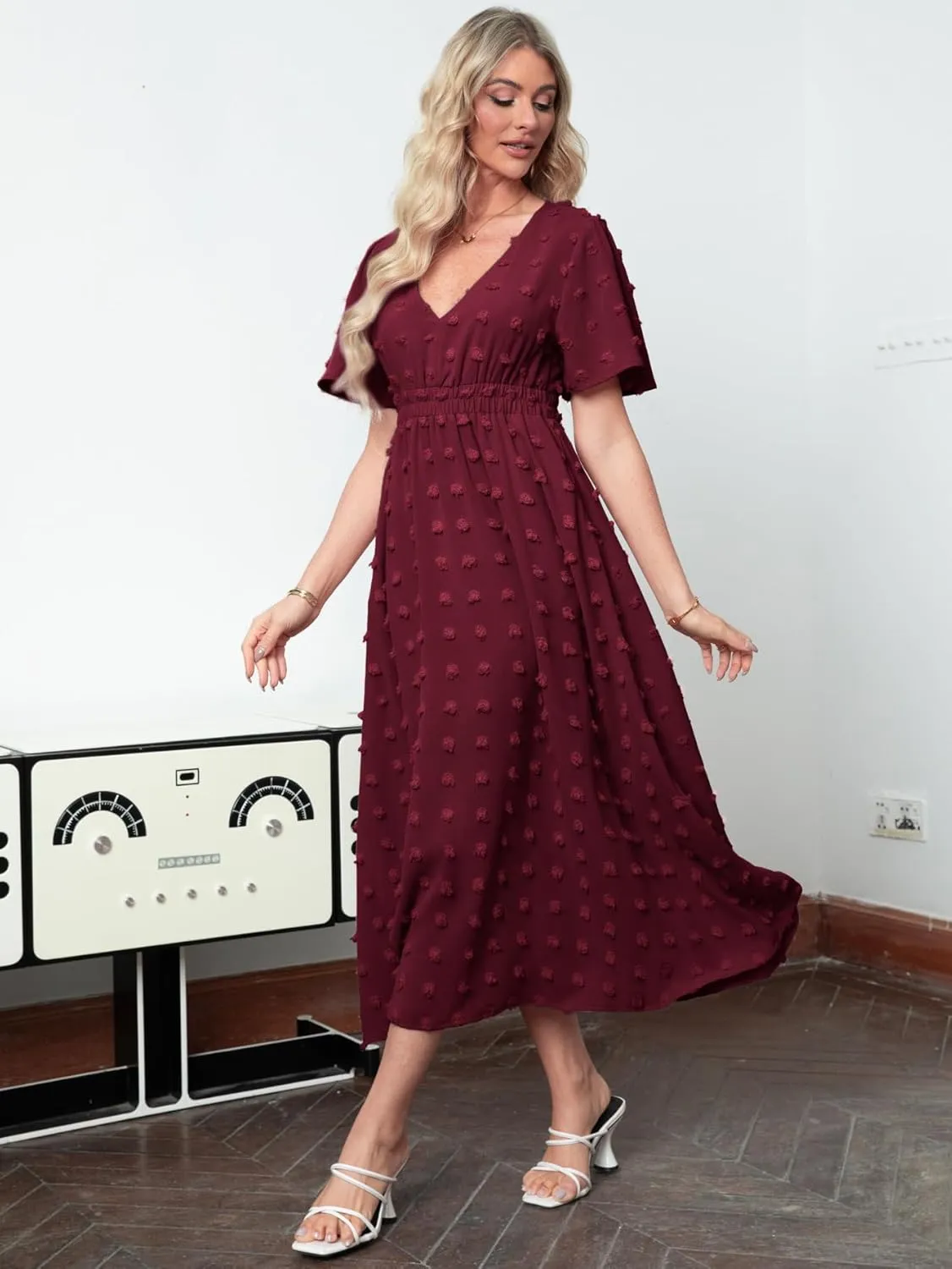 Simplee Womens Boho Maxi Dress Summer Wedding Guest Short Sleeve V Neck Swiss Dot Flowy Dresses
