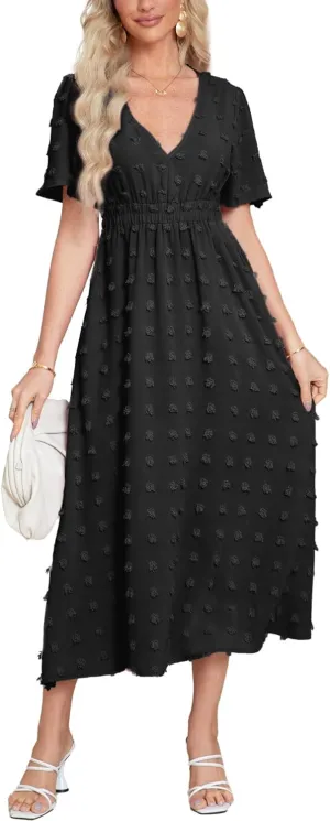 Simplee Womens Boho Maxi Dress Summer Wedding Guest Short Sleeve V Neck Swiss Dot Flowy Dresses