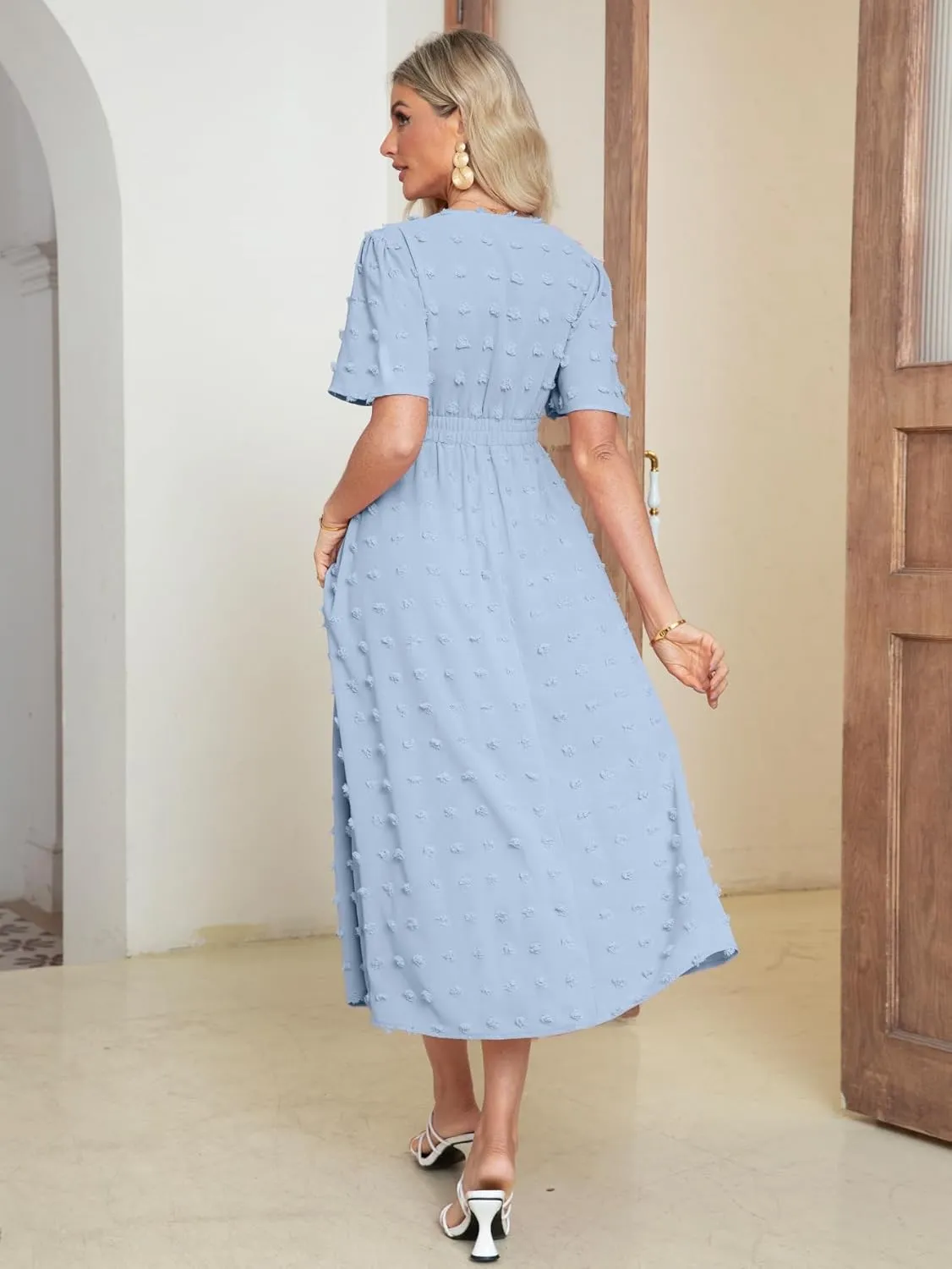 Simplee Womens Boho Maxi Dress Summer Wedding Guest Short Sleeve V Neck Swiss Dot Flowy Dresses