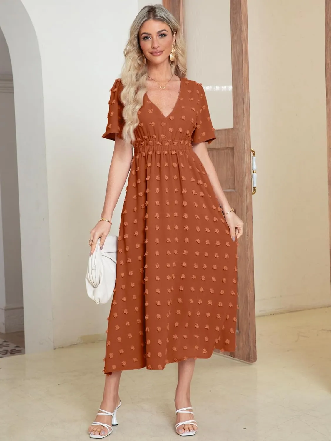 Simplee Womens Boho Maxi Dress Summer Wedding Guest Short Sleeve V Neck Swiss Dot Flowy Dresses