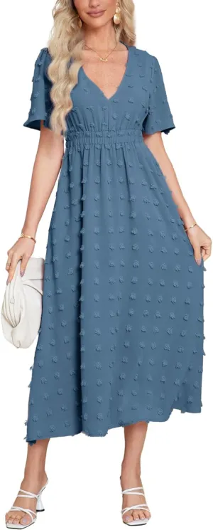 Simplee Womens Boho Maxi Dress Summer Wedding Guest Short Sleeve V Neck Swiss Dot Flowy Dresses