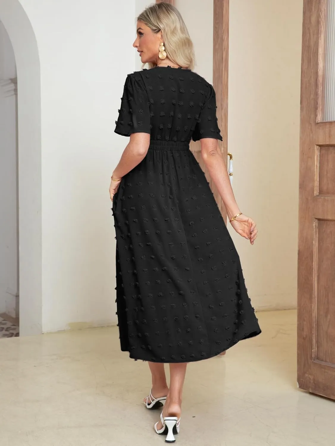 Simplee Womens Boho Maxi Dress Summer Wedding Guest Short Sleeve V Neck Swiss Dot Flowy Dresses