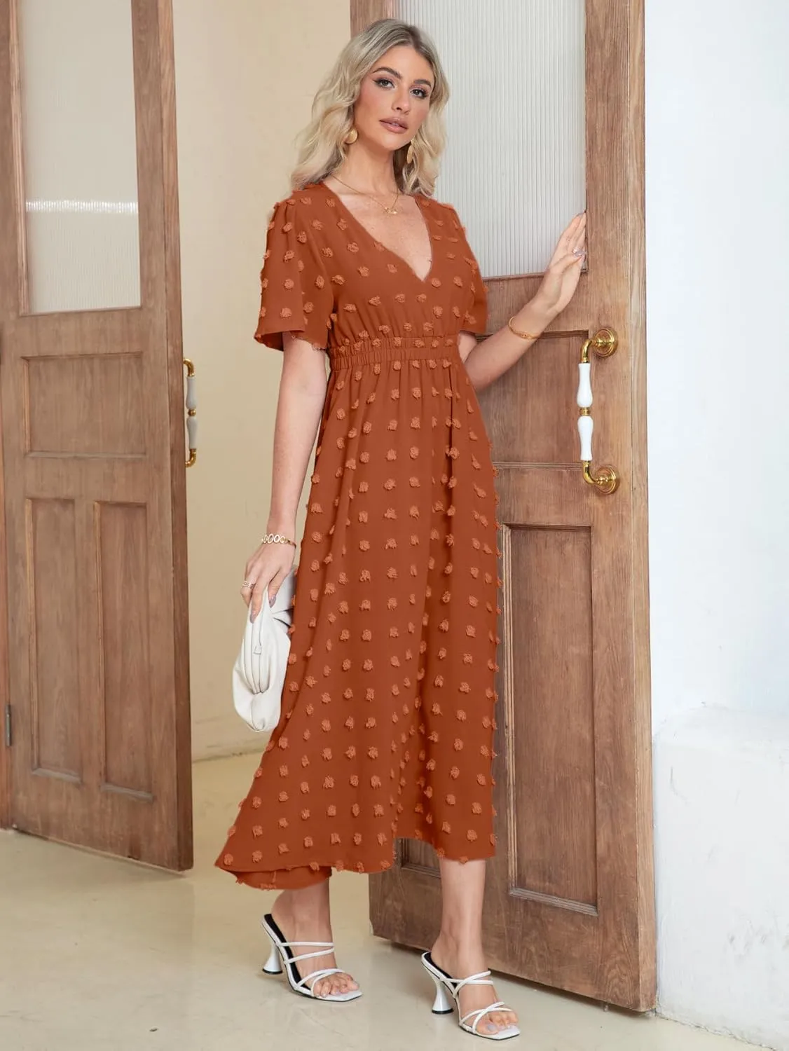 Simplee Womens Boho Maxi Dress Summer Wedding Guest Short Sleeve V Neck Swiss Dot Flowy Dresses