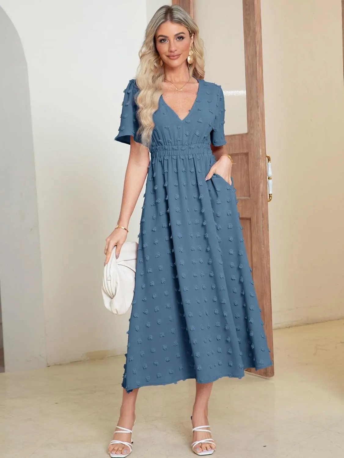 Simplee Womens Boho Maxi Dress Summer Wedding Guest Short Sleeve V Neck Swiss Dot Flowy Dresses