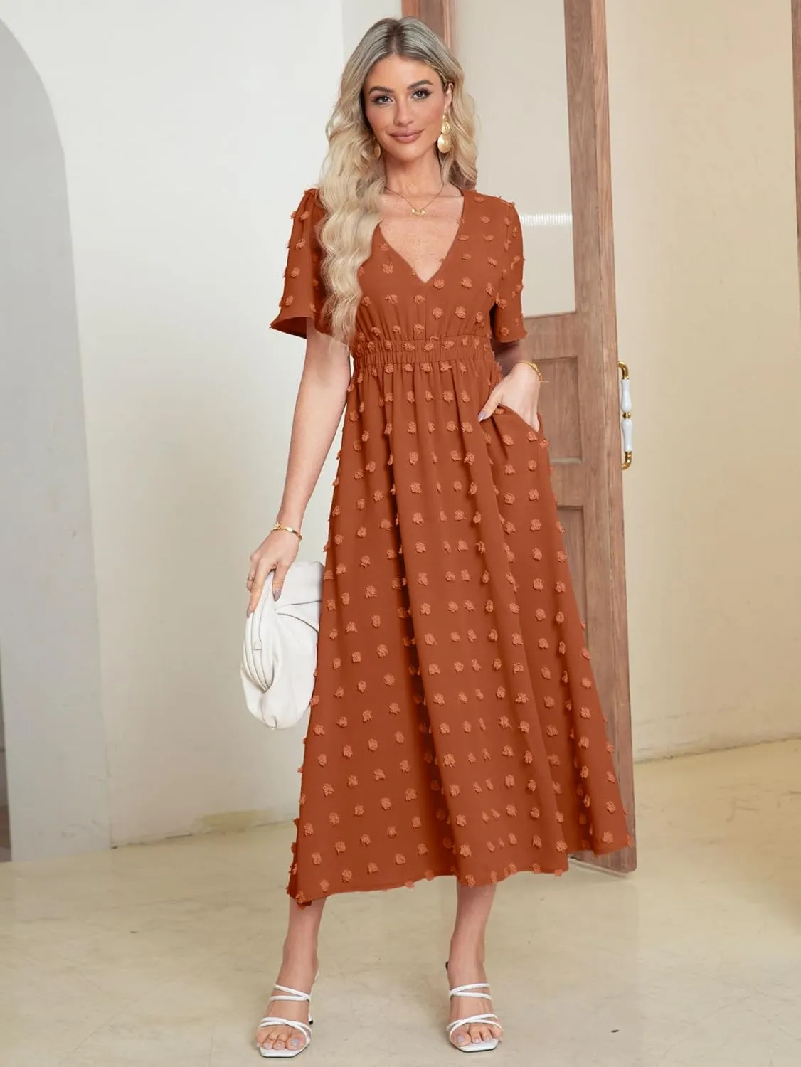 Simplee Womens Boho Maxi Dress Summer Wedding Guest Short Sleeve V Neck Swiss Dot Flowy Dresses