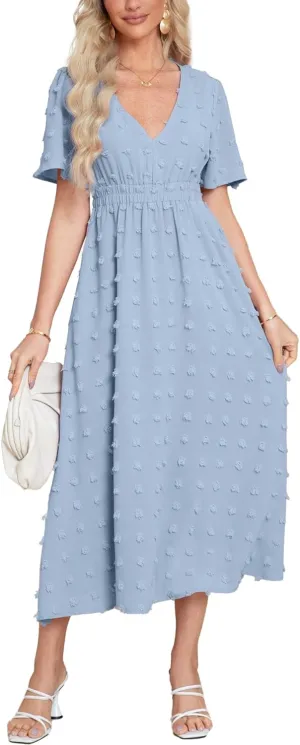 Simplee Womens Boho Maxi Dress Summer Wedding Guest Short Sleeve V Neck Swiss Dot Flowy Dresses
