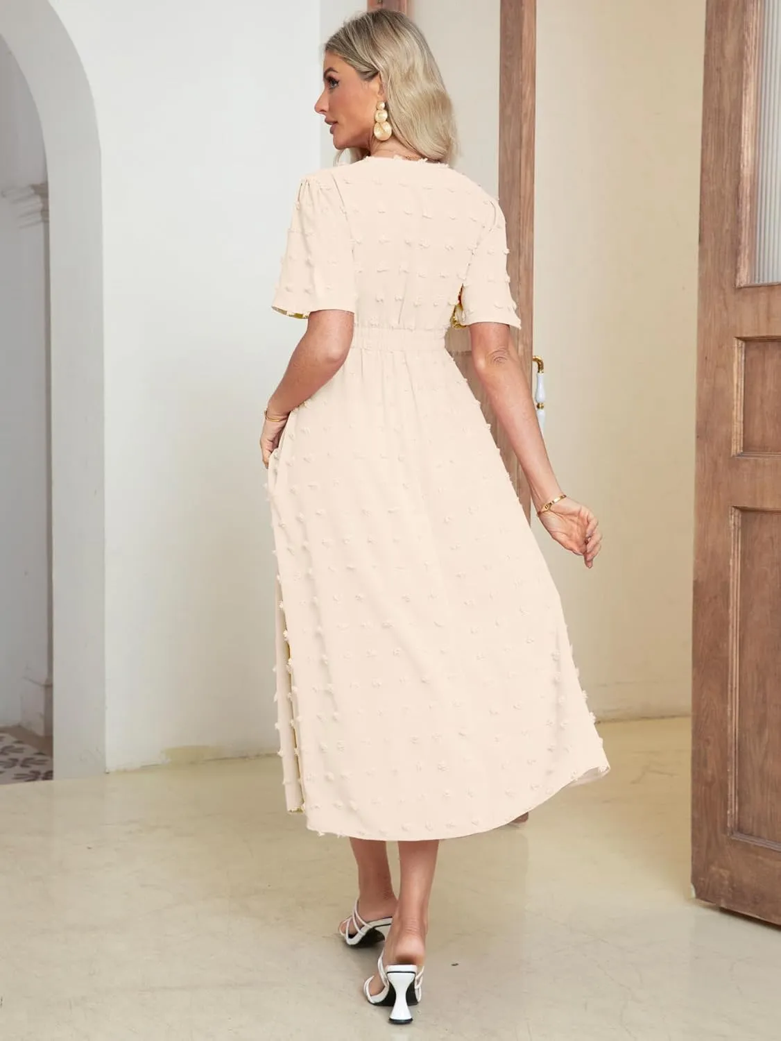 Simplee Womens Boho Maxi Dress Summer Wedding Guest Short Sleeve V Neck Swiss Dot Flowy Dresses