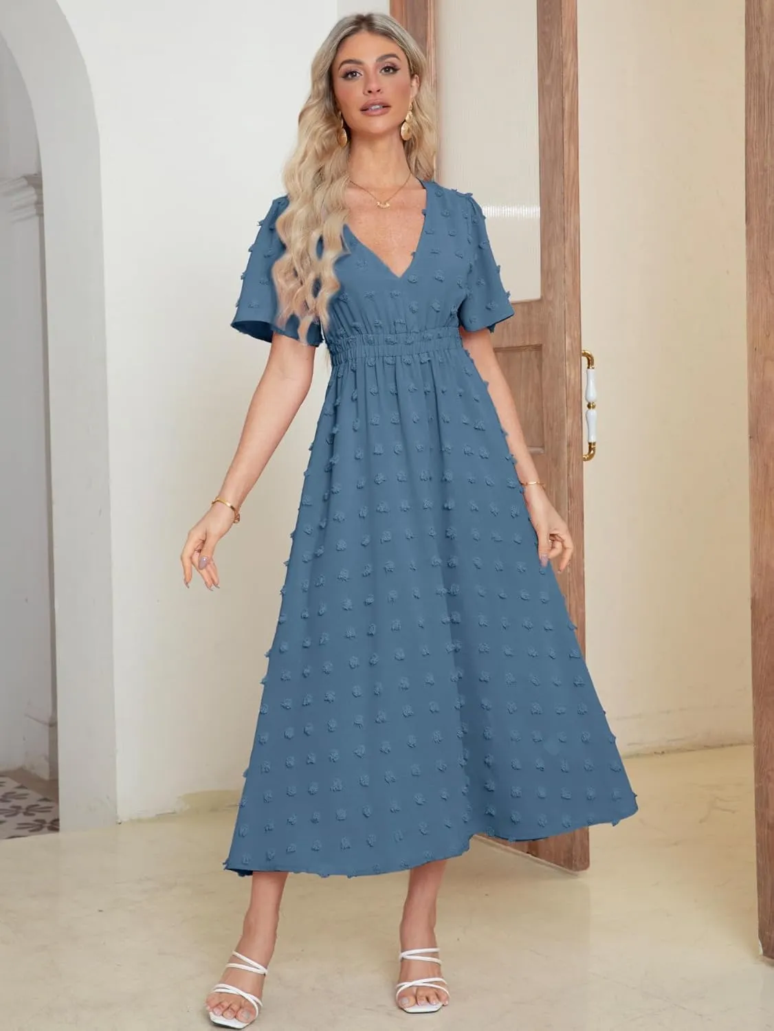 Simplee Womens Boho Maxi Dress Summer Wedding Guest Short Sleeve V Neck Swiss Dot Flowy Dresses