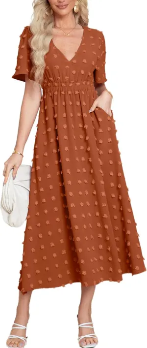 Simplee Womens Boho Maxi Dress Summer Wedding Guest Short Sleeve V Neck Swiss Dot Flowy Dresses