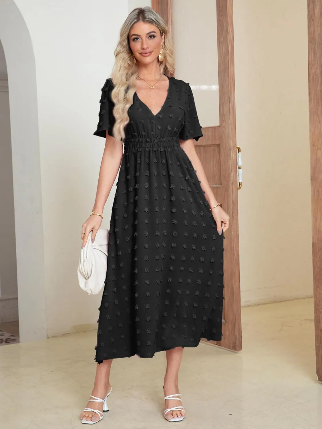 Simplee Womens Boho Maxi Dress Summer Wedding Guest Short Sleeve V Neck Swiss Dot Flowy Dresses