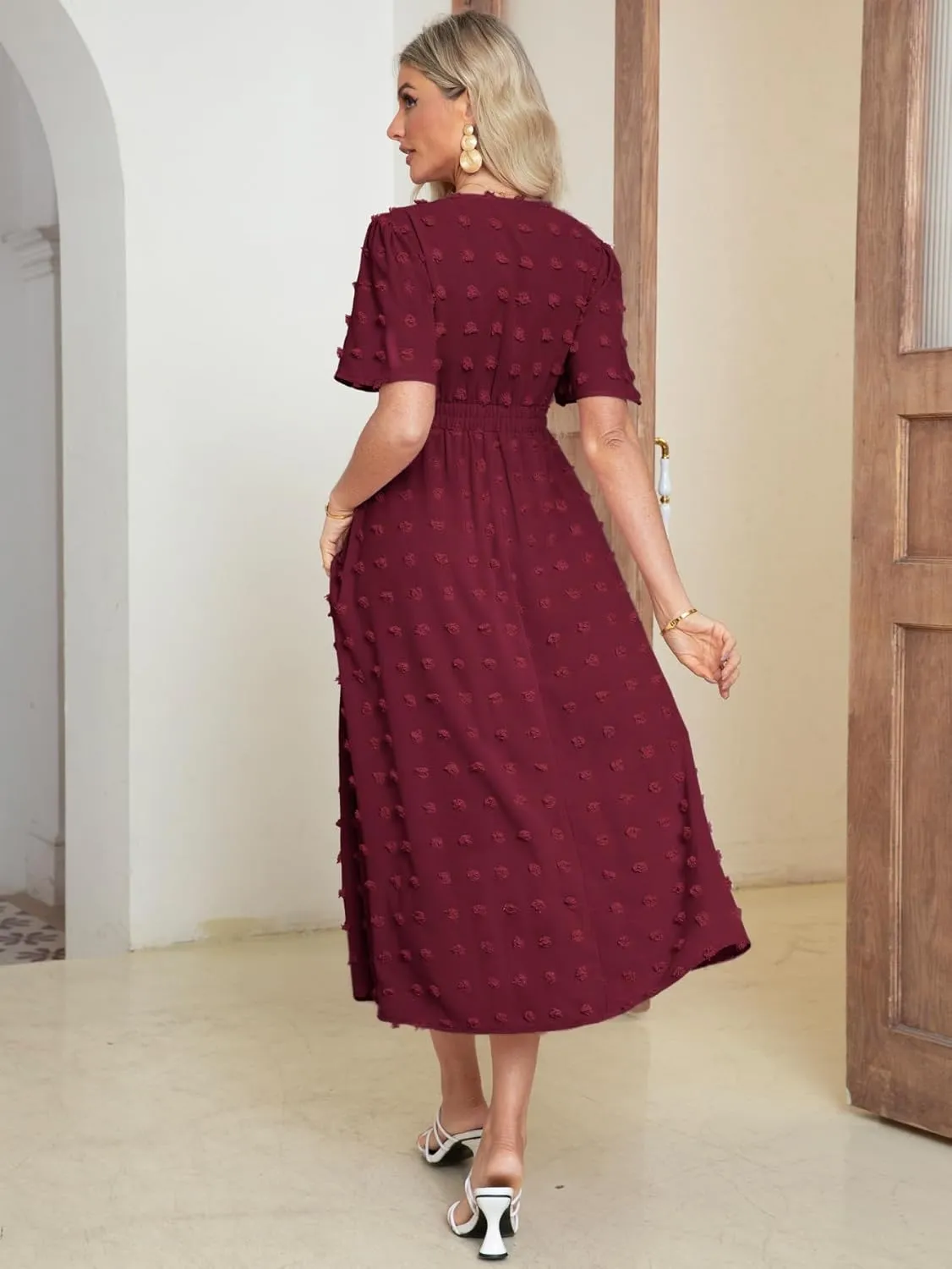 Simplee Womens Boho Maxi Dress Summer Wedding Guest Short Sleeve V Neck Swiss Dot Flowy Dresses