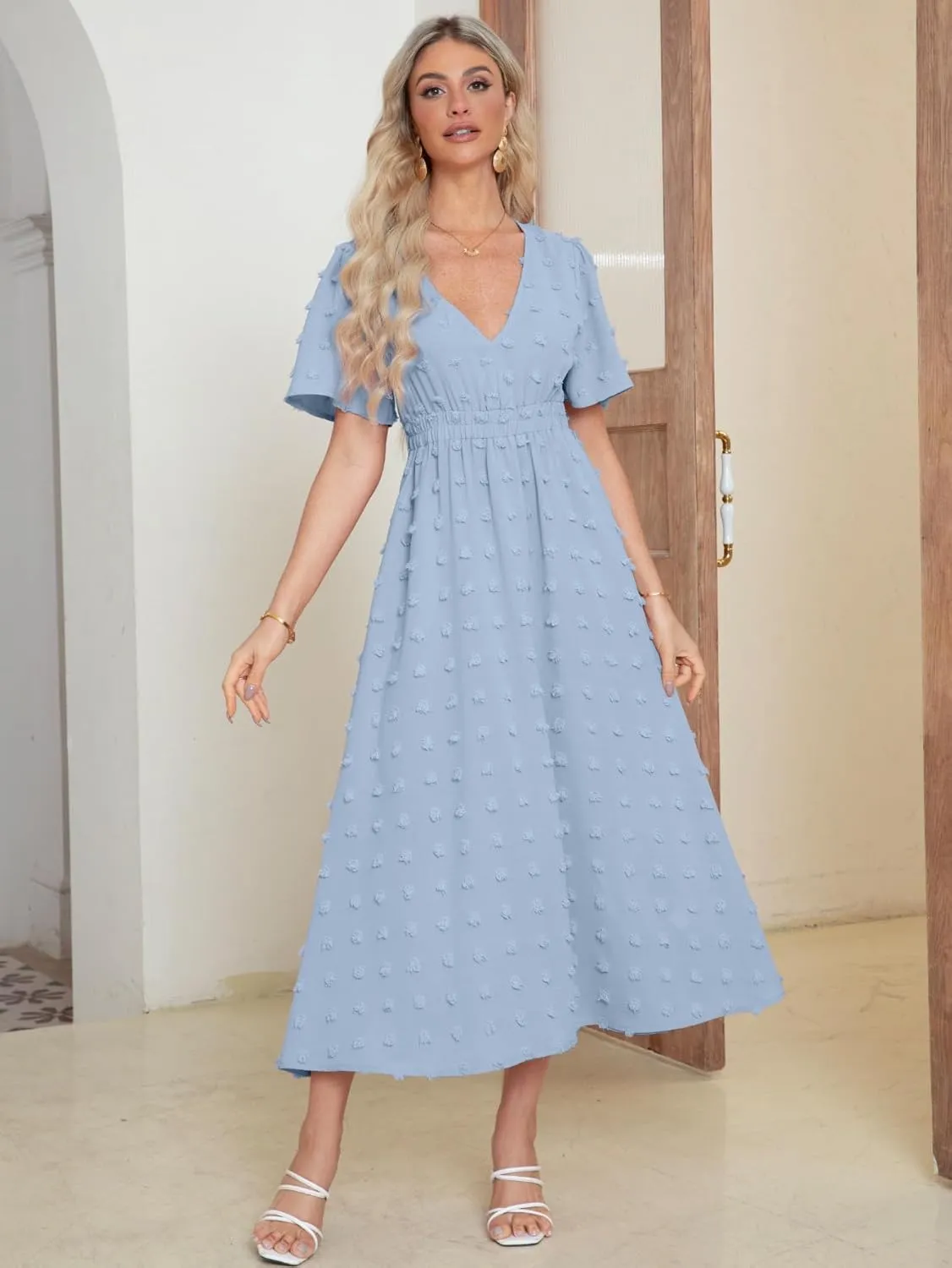 Simplee Womens Boho Maxi Dress Summer Wedding Guest Short Sleeve V Neck Swiss Dot Flowy Dresses