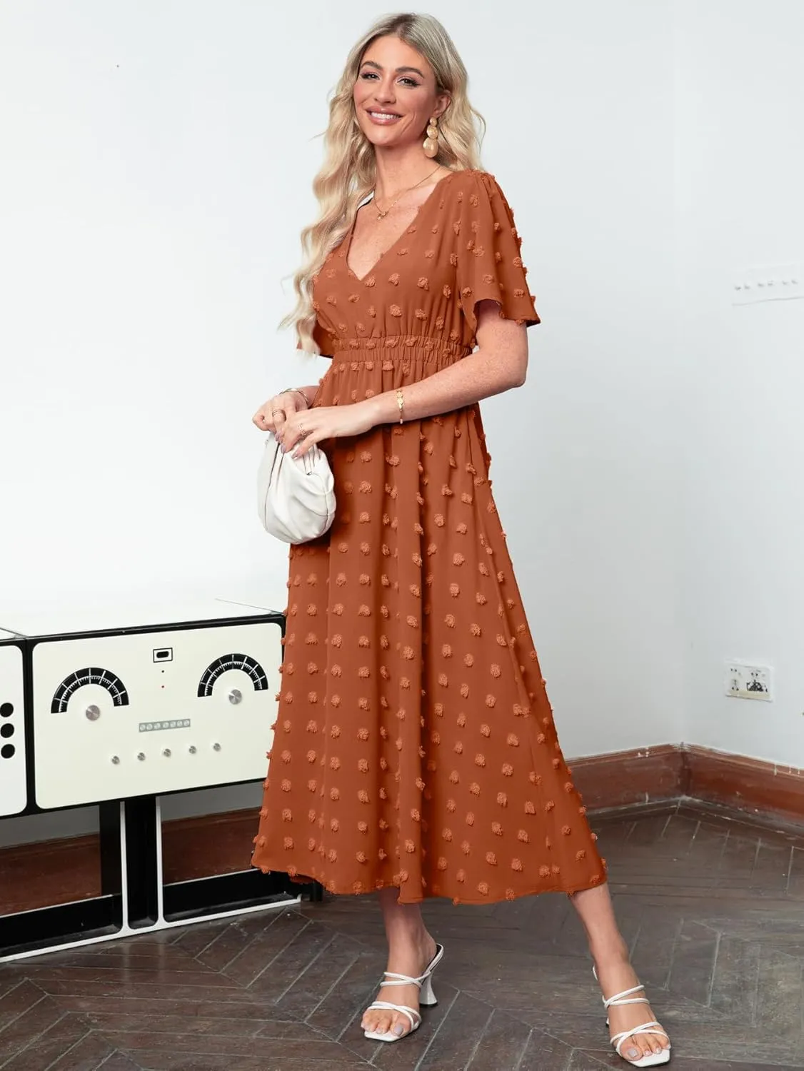 Simplee Womens Boho Maxi Dress Summer Wedding Guest Short Sleeve V Neck Swiss Dot Flowy Dresses